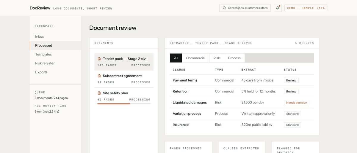 Document Review System interface, demonstration system with sample data